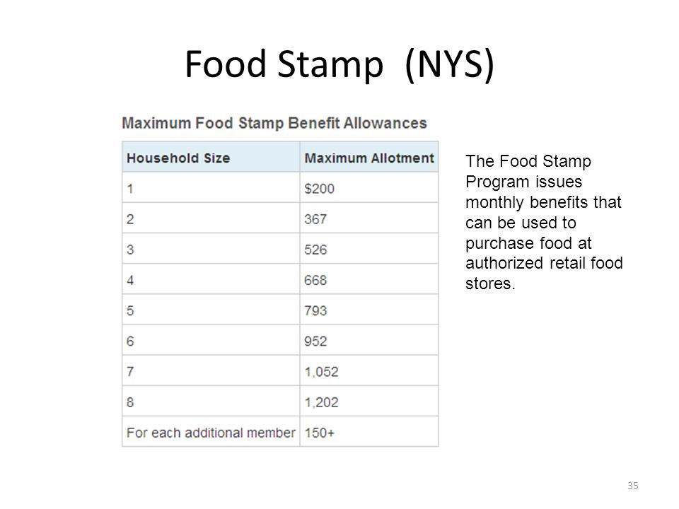 Food Stamp (NYS) The Food Stamp Program issues monthly benefits that can be used to purchase food at authorized retail food stores.