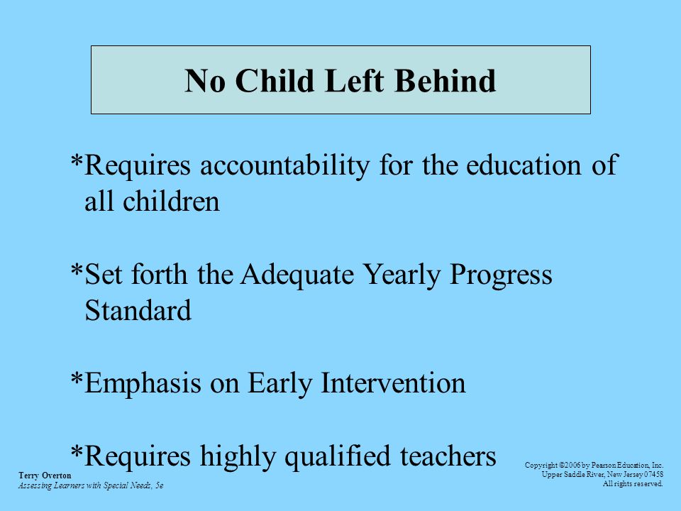 No Child Left Behind *Requires accountability for the education of