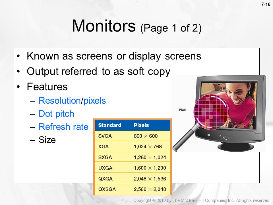 Monitors (Page 1 of 2) Known as screens or display screens