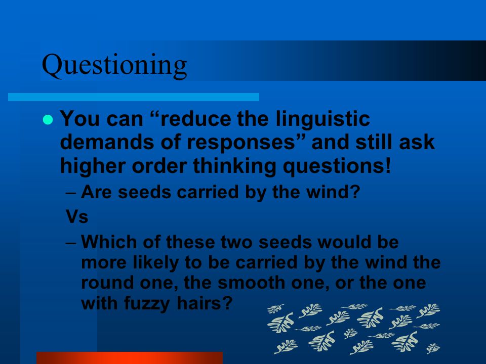 Questioning You can reduce the linguistic demands of responses and still ask higher order thinking questions!