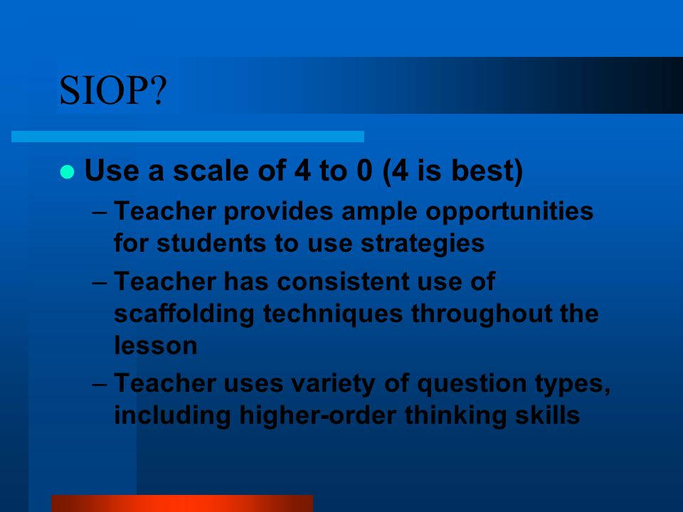 SIOP Use a scale of 4 to 0 (4 is best)
