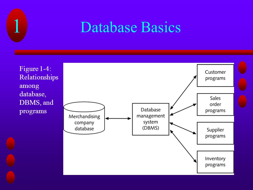Database Basics Figure 1-4: Relationships among database, DBMS, and programs