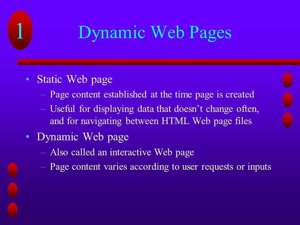 Dynamic Web Pages Static Web page Dynamic Web page