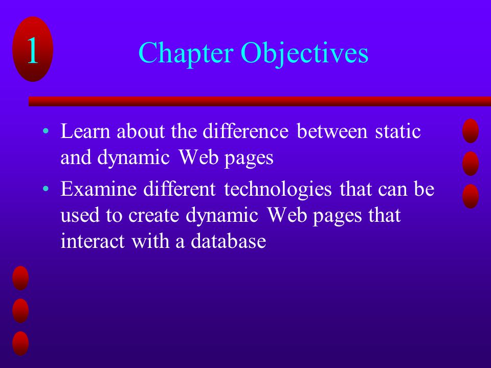 Chapter Objectives Learn about the difference between static and dynamic Web pages.