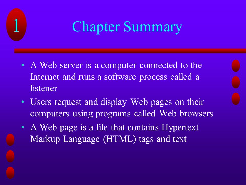 Chapter Summary A Web server is a computer connected to the Internet and runs a software process called a listener.