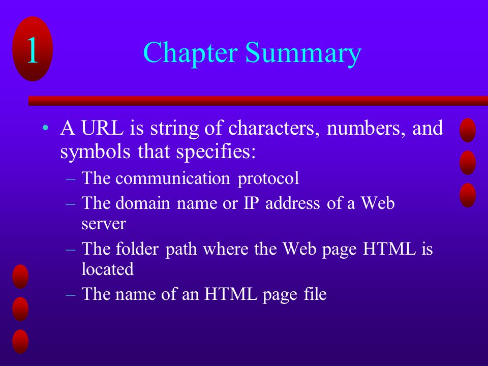 Chapter Summary A URL is string of characters, numbers, and symbols that specifies: The communication protocol.
