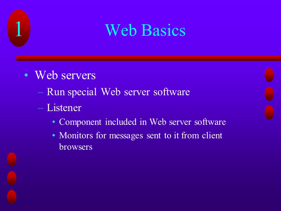 Web Basics Web servers Run special Web server software Listener