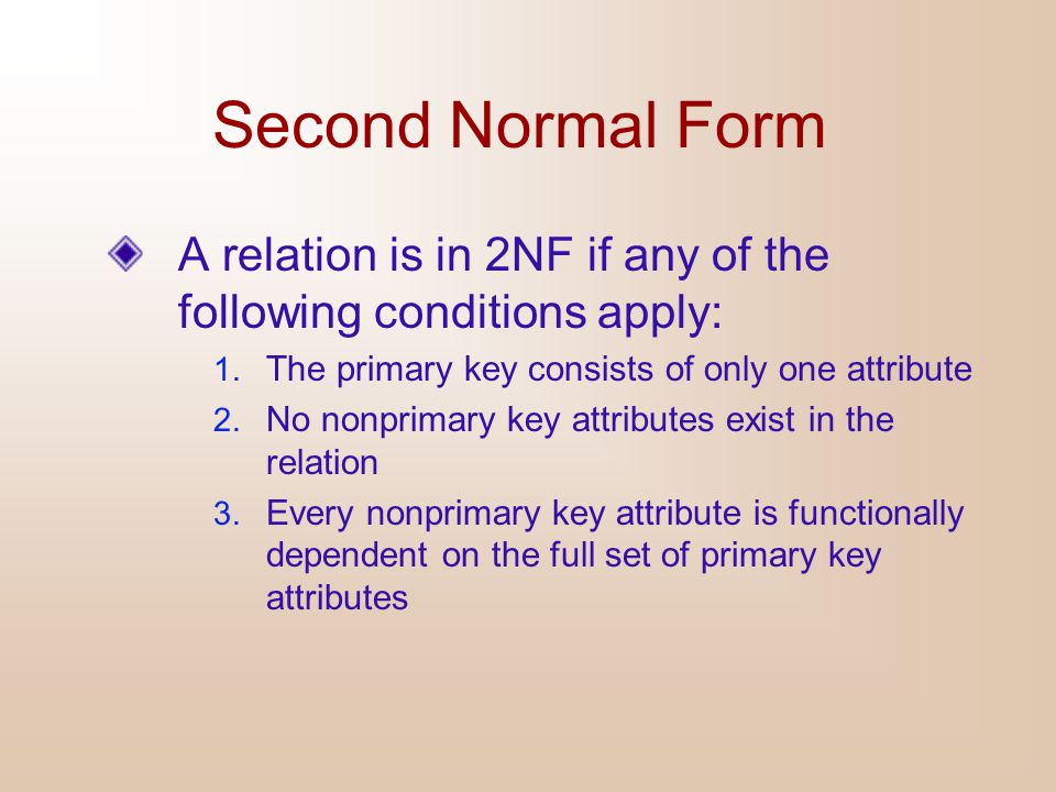 Second Normal Form A relation is in 2NF if any of the following conditions apply: The primary key consists of only one attribute.