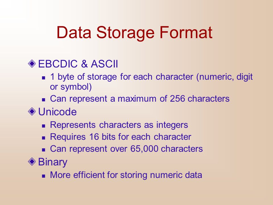 Data Storage Format EBCDIC & ASCII Unicode Binary