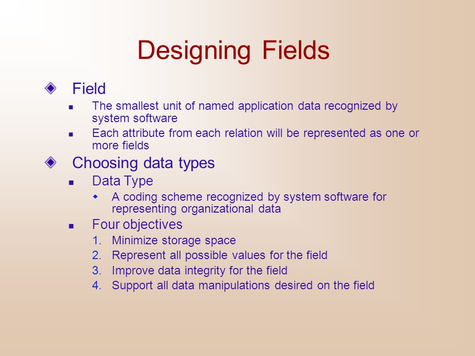 Designing Fields Field Choosing data types Data Type Four objectives