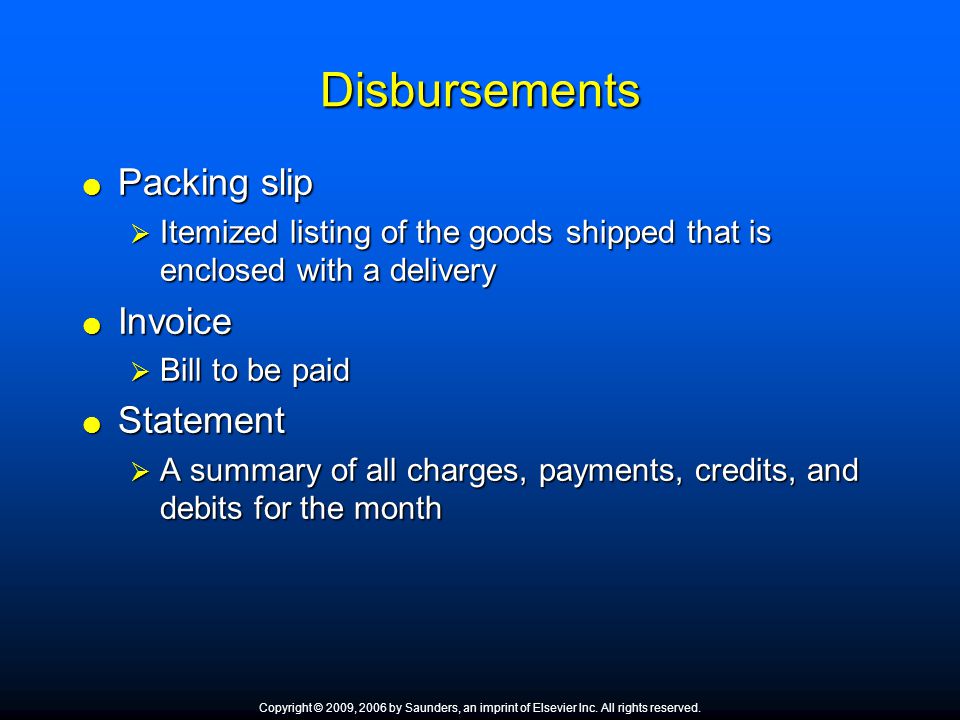 Disbursements Packing slip Invoice Statement
