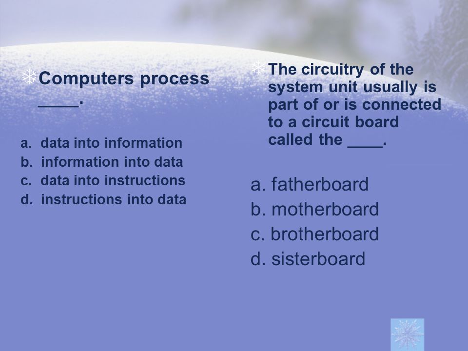 a. fatherboard b. motherboard c. brotherboard d. sisterboard