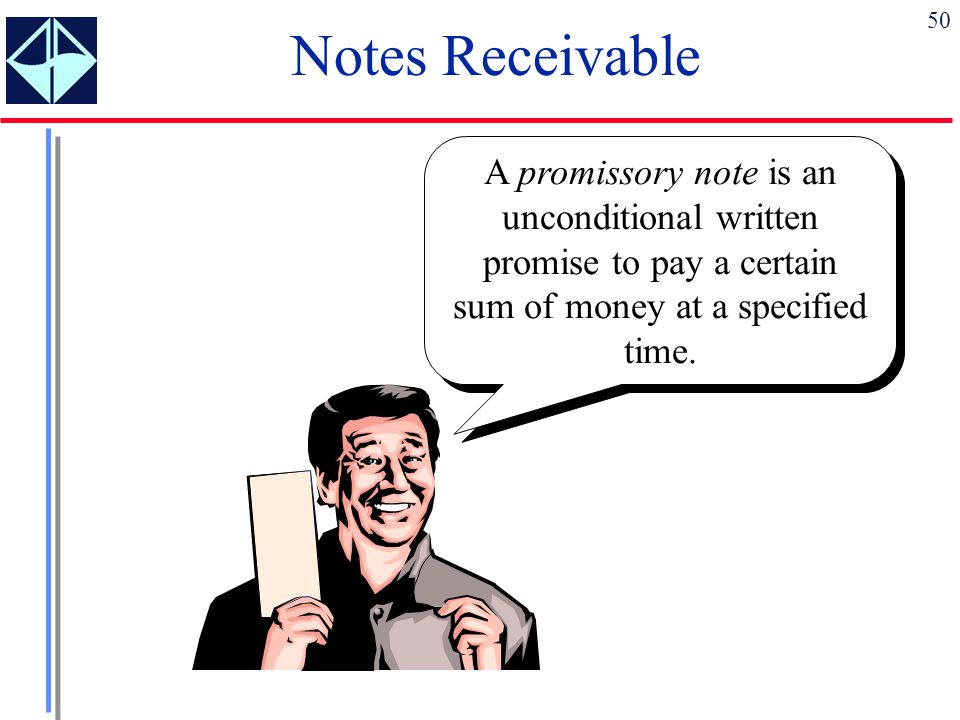 Notes Receivable A promissory note is an unconditional written promise to pay a certain sum of money at a specified time.