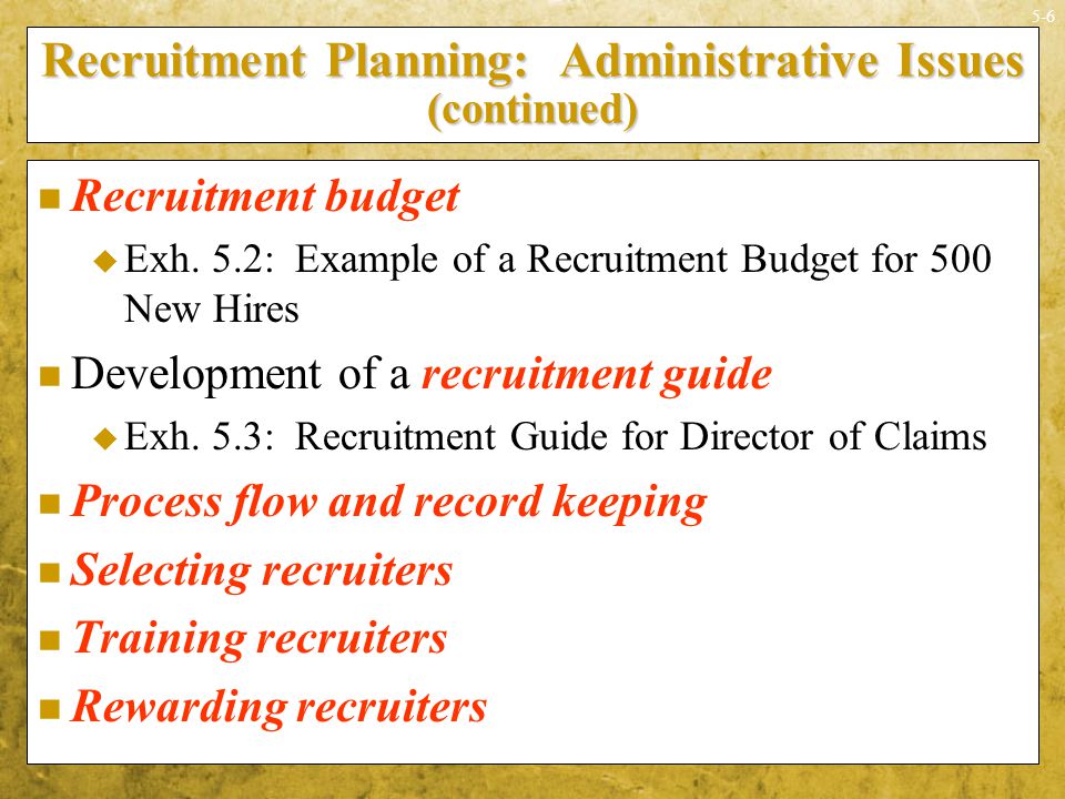 Recruitment Planning: Administrative Issues (continued)