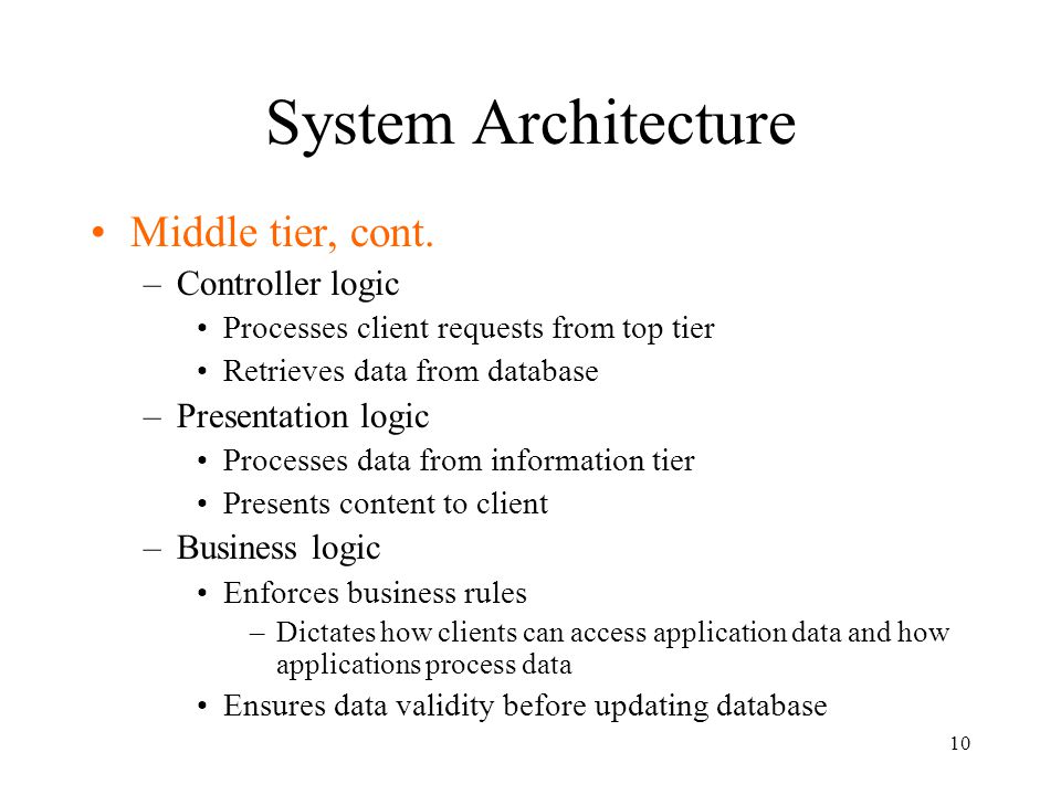 System Architecture Middle tier, cont. Controller logic