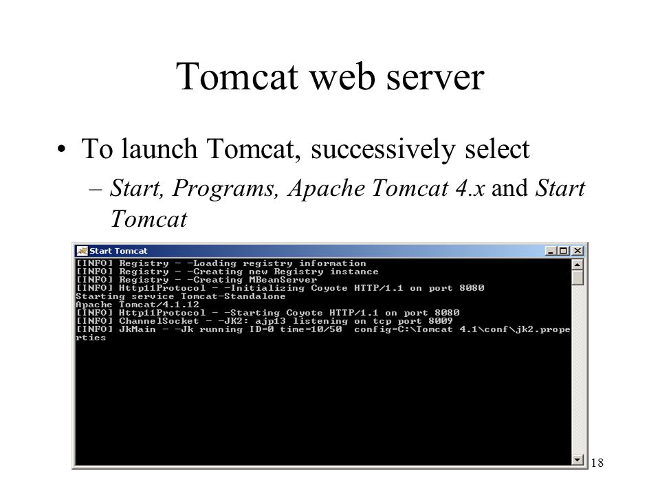 Tomcat web server To launch Tomcat, successively select