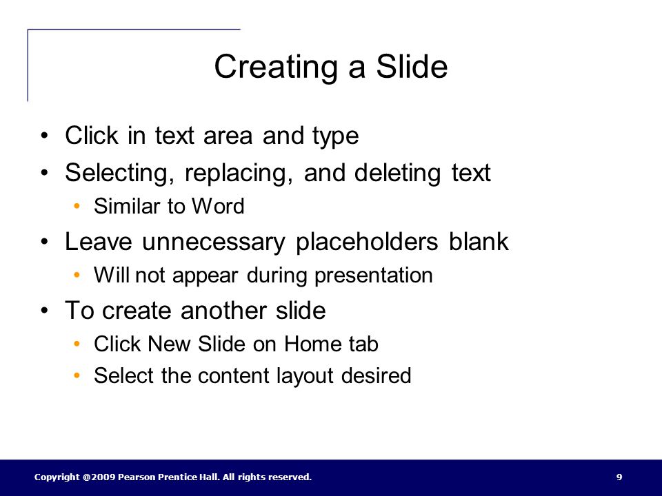 Creating a Slide Click in text area and type