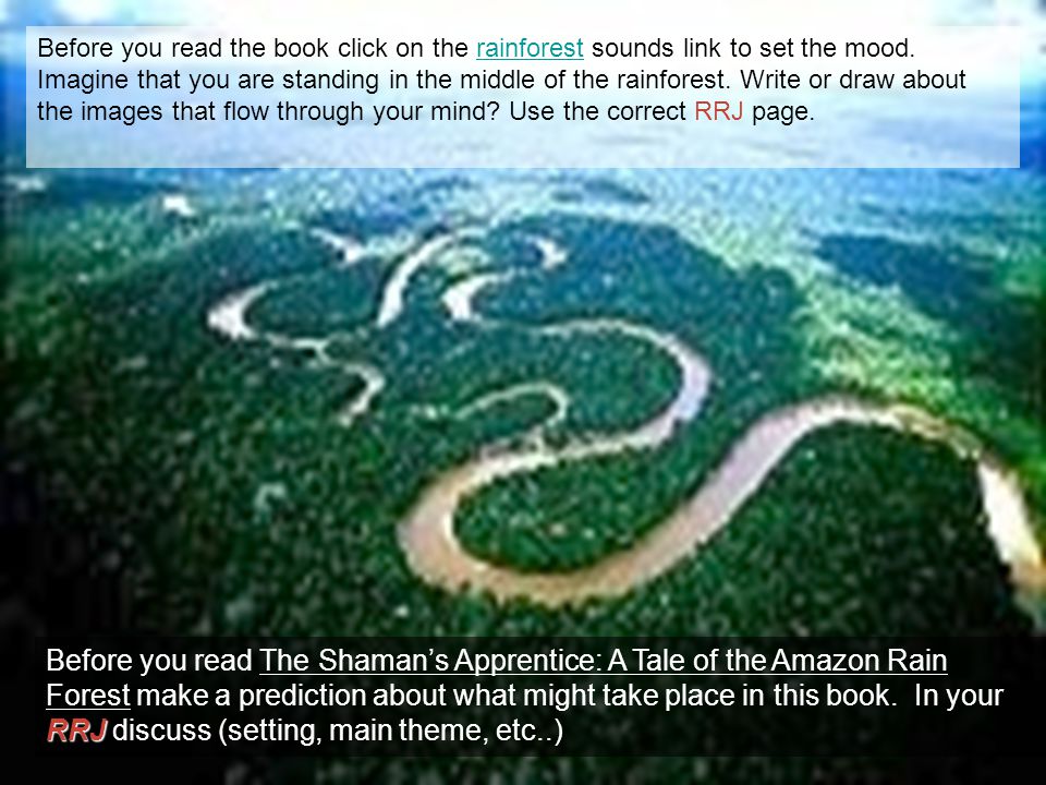 Before you read the book click on the rainforest sounds link to set the mood. Imagine that you are standing in the middle of the rainforest. Write or draw about the images that flow through your mind Use the correct RRJ page.