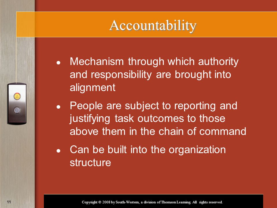 Accountability Mechanism through which authority and responsibility are brought into alignment.