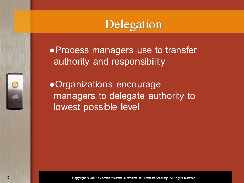 Delegation Process managers use to transfer authority and responsibility.