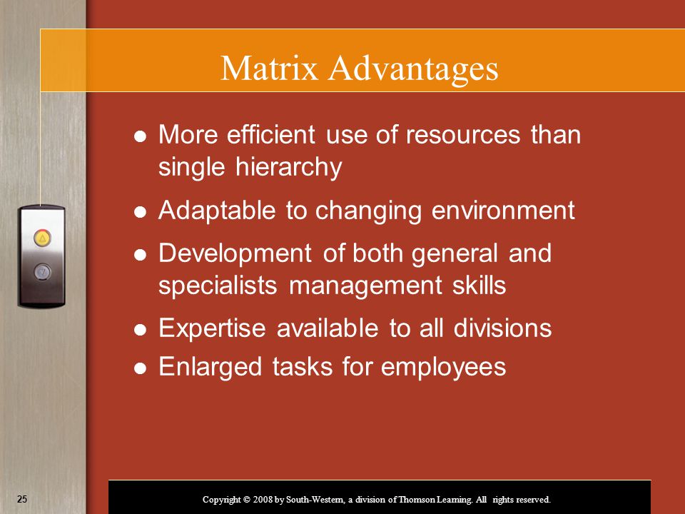 Matrix Advantages More efficient use of resources than single hierarchy. Adaptable to changing environment.