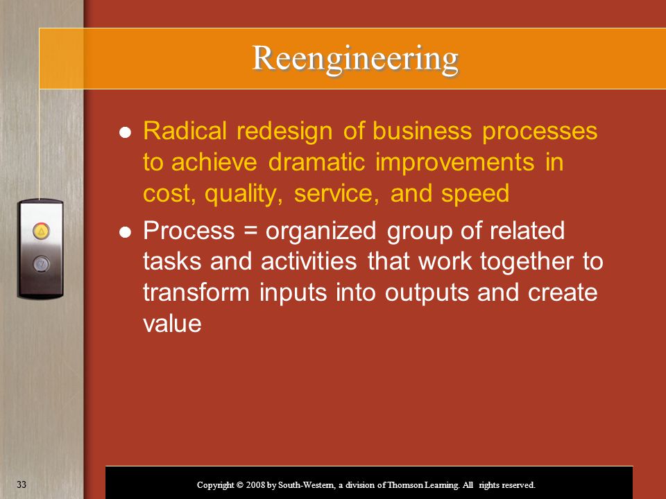Reengineering Radical redesign of business processes to achieve dramatic improvements in cost, quality, service, and speed.