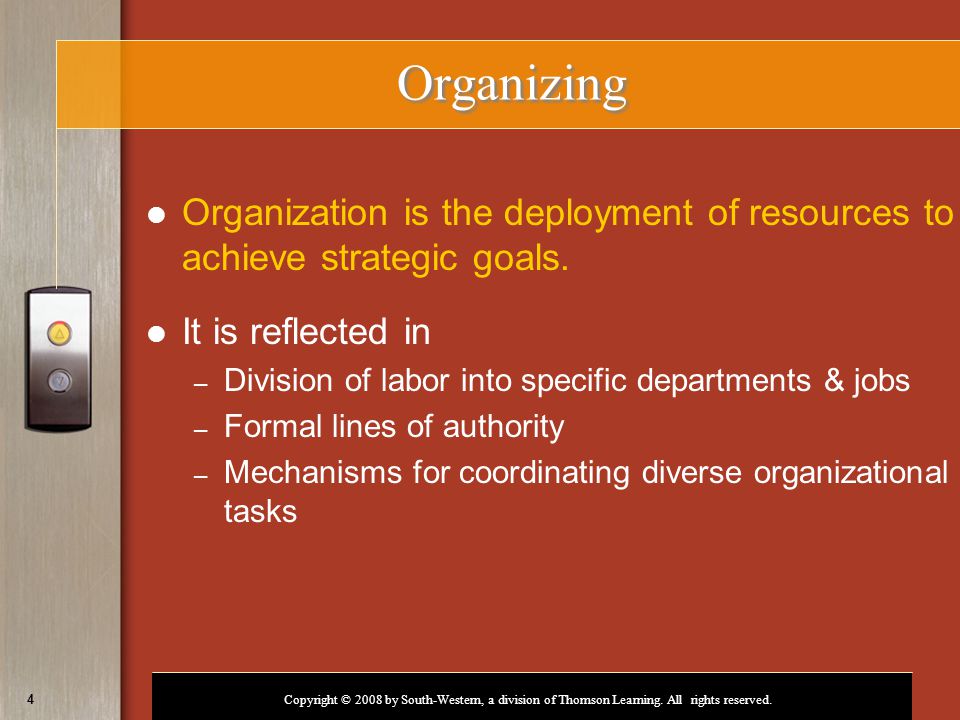 Organizing Organization is the deployment of resources to achieve strategic goals. It is reflected in.