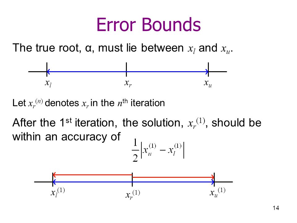 Error Bounds The true root, α, must lie between xl and xu.