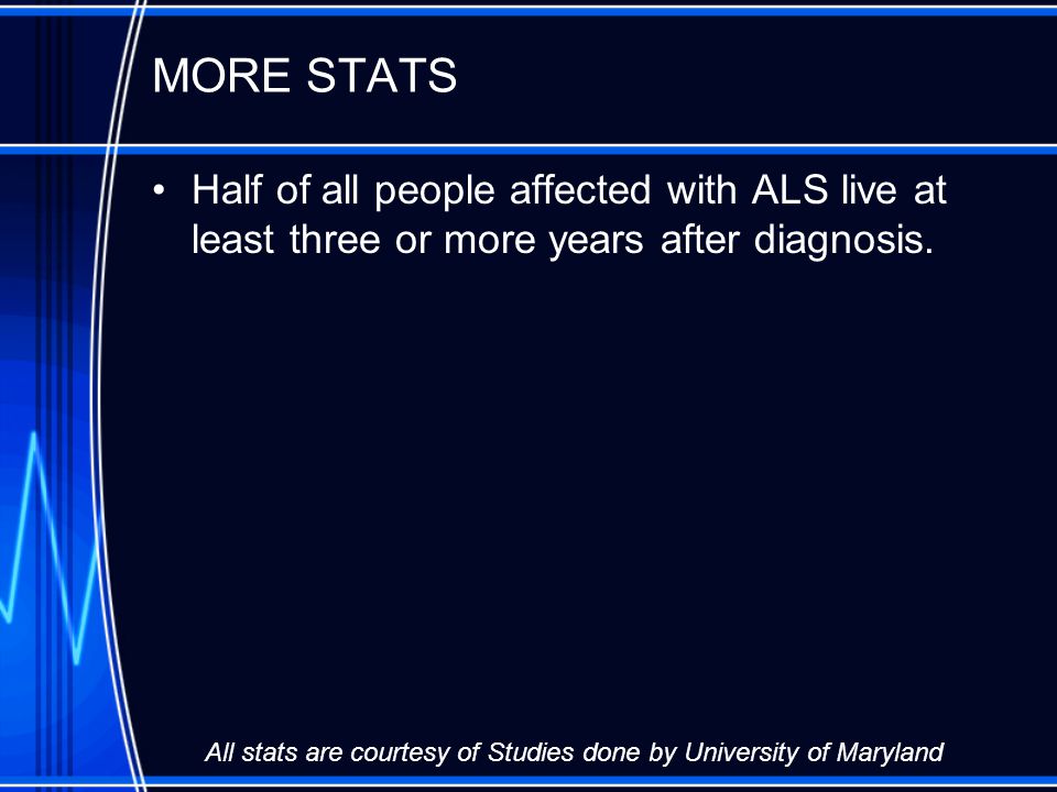 MORE STATS Half of all people affected with ALS live at least three or more years after diagnosis.
