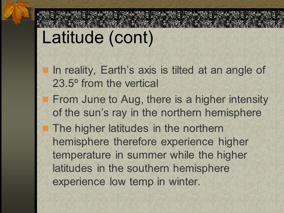 Latitude (cont) In reality, Earth’s axis is tilted at an angle of 23.5º from the vertical.