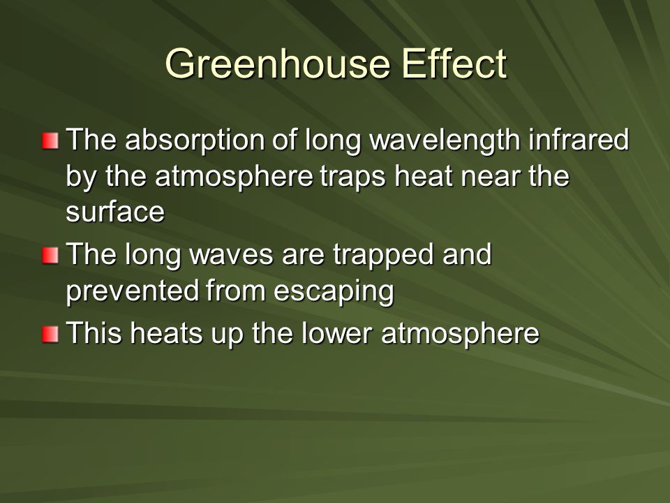 Greenhouse Effect The absorption of long wavelength infrared by the atmosphere traps heat near the surface.