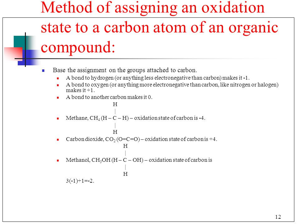 Method of assigning an oxidation state to a carbon atom of an organic compound:
