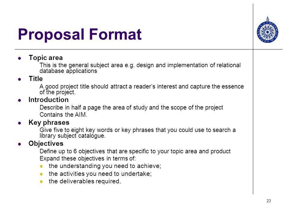 Proposal Format Topic area Title Introduction Key phrases Objectives.