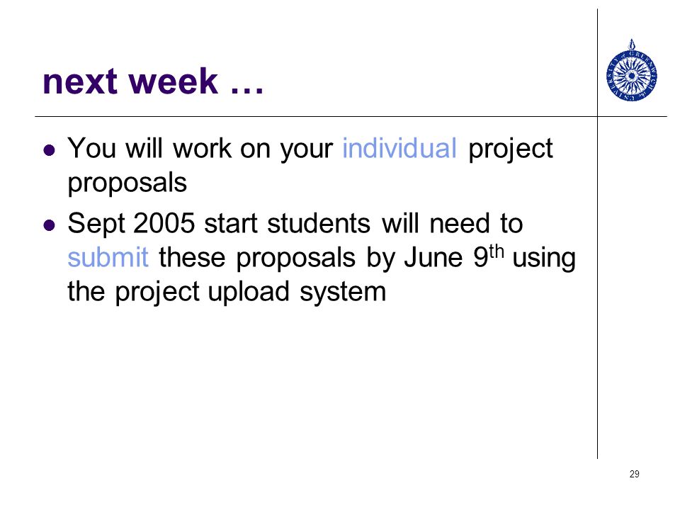 next week … You will work on your individual project proposals
