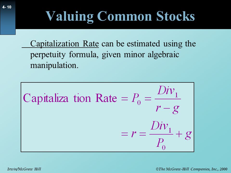 Valuing Common Stocks Capitalization Rate can be estimated using the perpetuity formula, given minor algebraic manipulation.