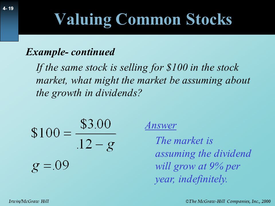Valuing Common Stocks Example- continued