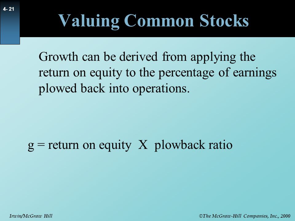 Valuing Common Stocks Growth can be derived from applying the return on equity to the percentage of earnings plowed back into operations.
