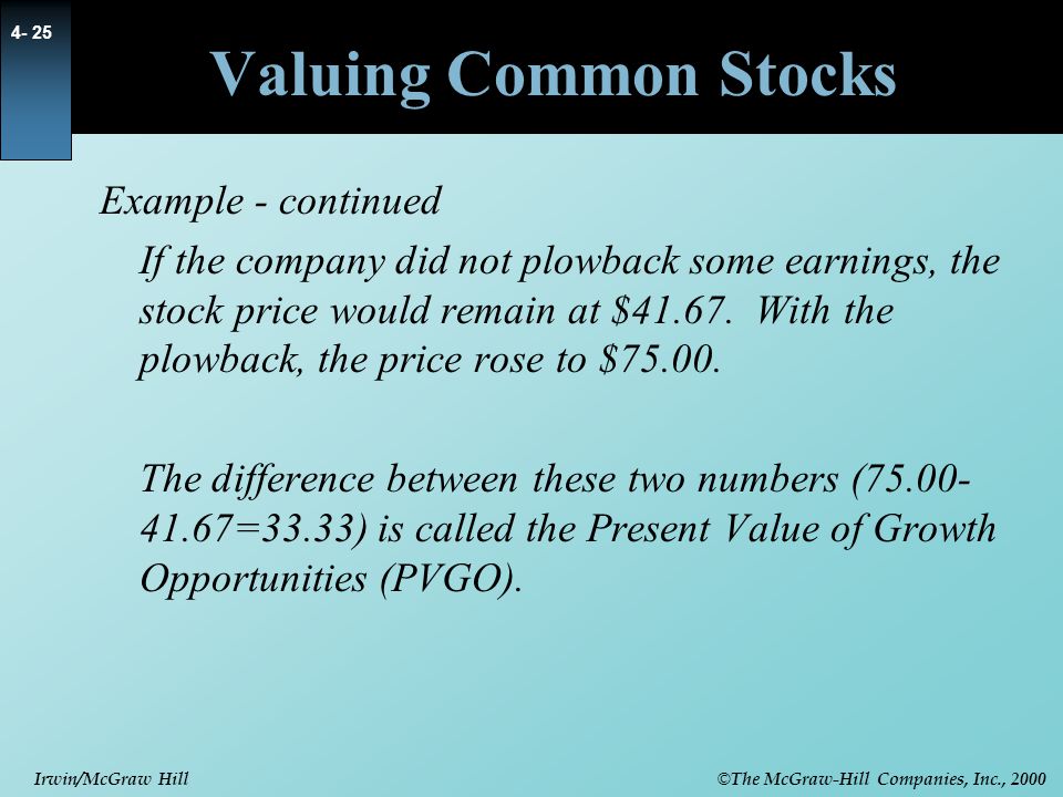 Valuing Common Stocks Example - continued
