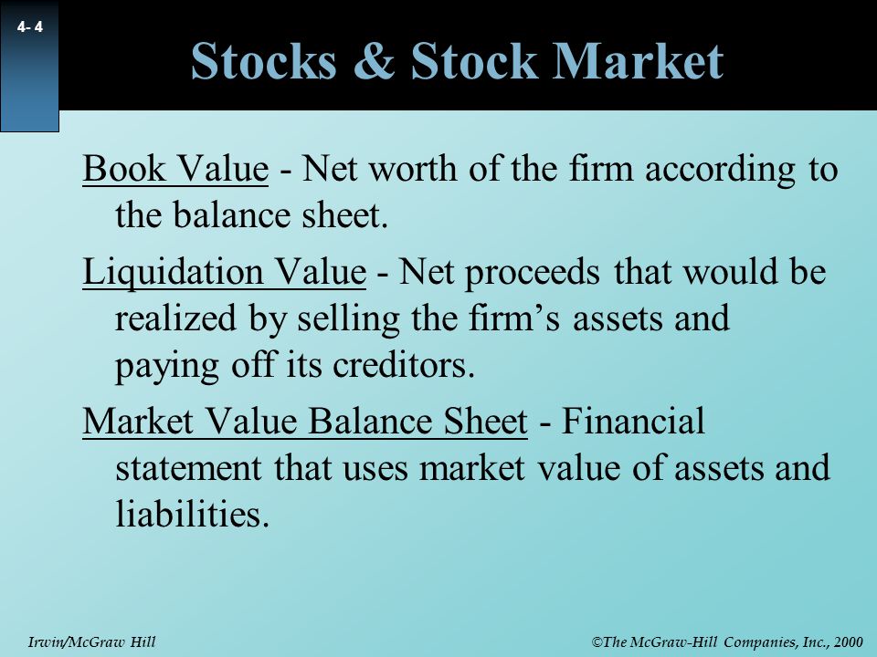 Stocks & Stock Market Book Value - Net worth of the firm according to the balance sheet.
