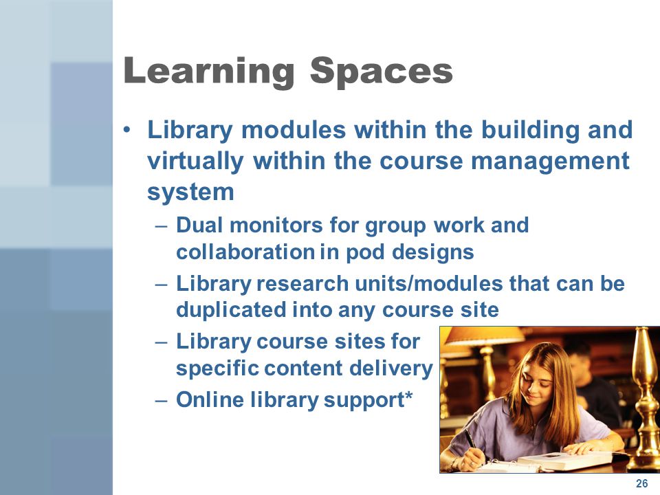 Learning Spaces Library modules within the building and virtually within the course management system.