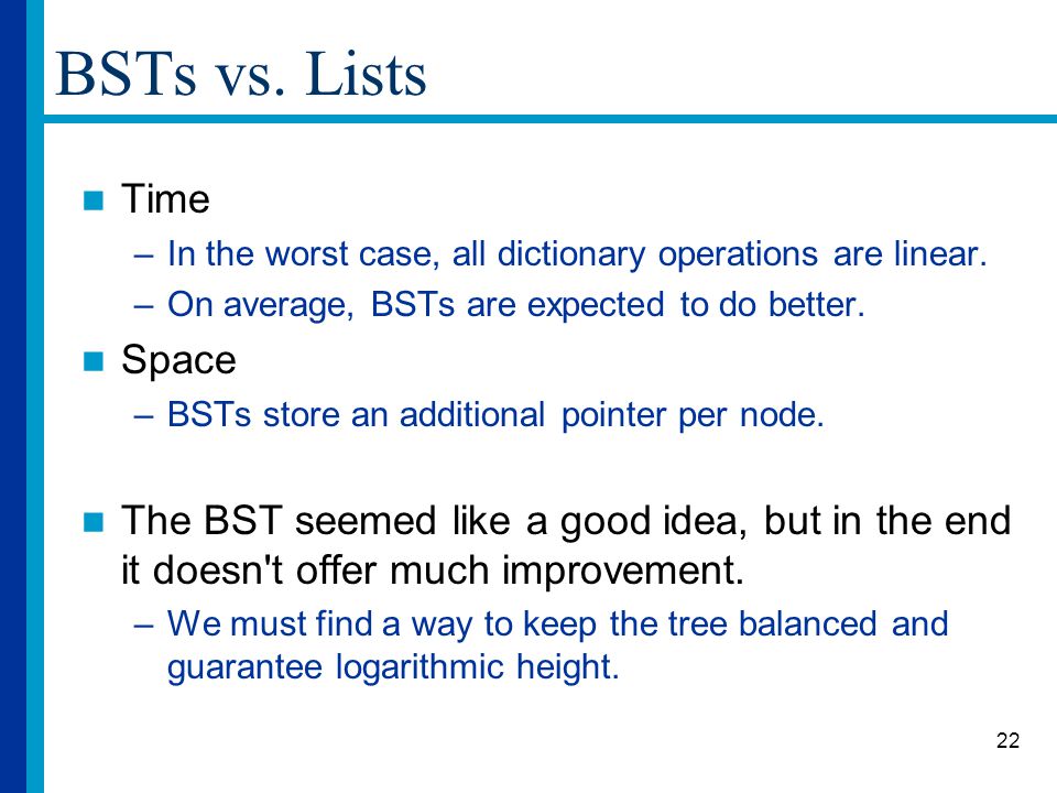BSTs vs. Lists Time Space