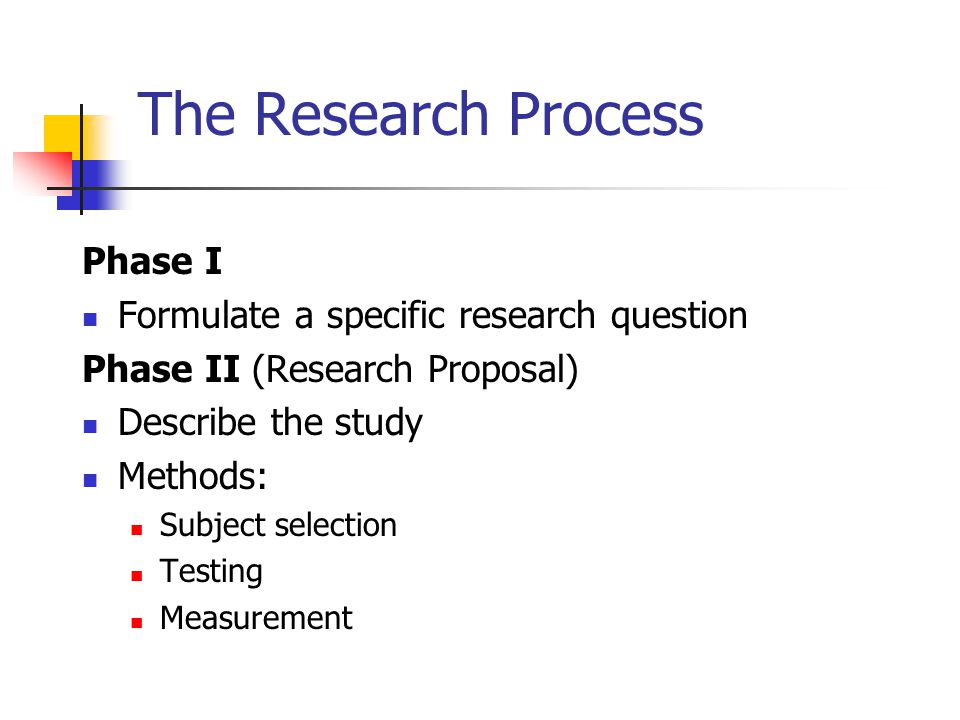 The Research Process Phase I Formulate a specific research question