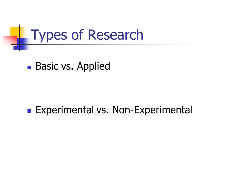 Types of Research Basic vs. Applied Experimental vs. Non-Experimental