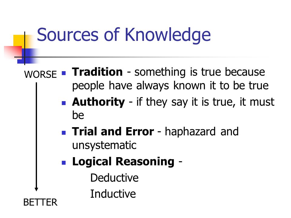 Sources of Knowledge Tradition - something is true because people have always known it to be true. Authority - if they say it is true, it must be.