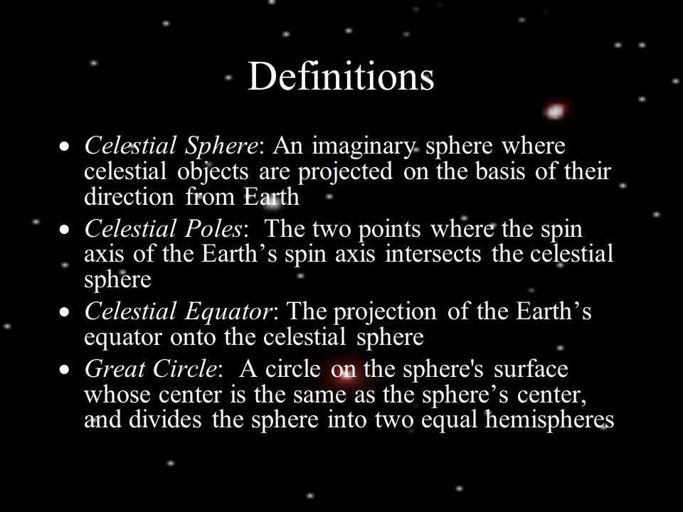 Definitions Celestial Sphere: An imaginary sphere where celestial objects are projected on the basis of their direction from Earth.