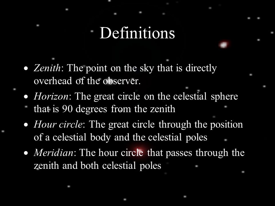 Definitions Zenith: The point on the sky that is directly overhead of the observer.