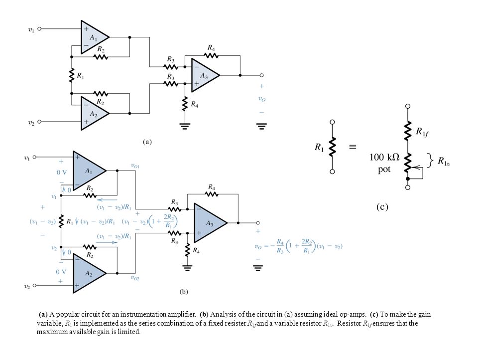 (a) A popular circuit for an instrumentation amplifier