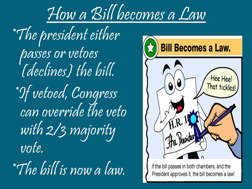 How a Bill becomes a Law *The president either passes or vetoes (declines) the bill.