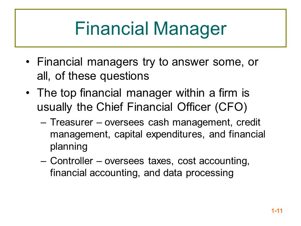 Financial Manager Financial managers try to answer some, or all, of these questions.