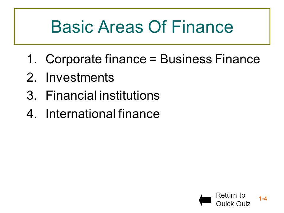 Basic Areas Of Finance Corporate finance = Business Finance